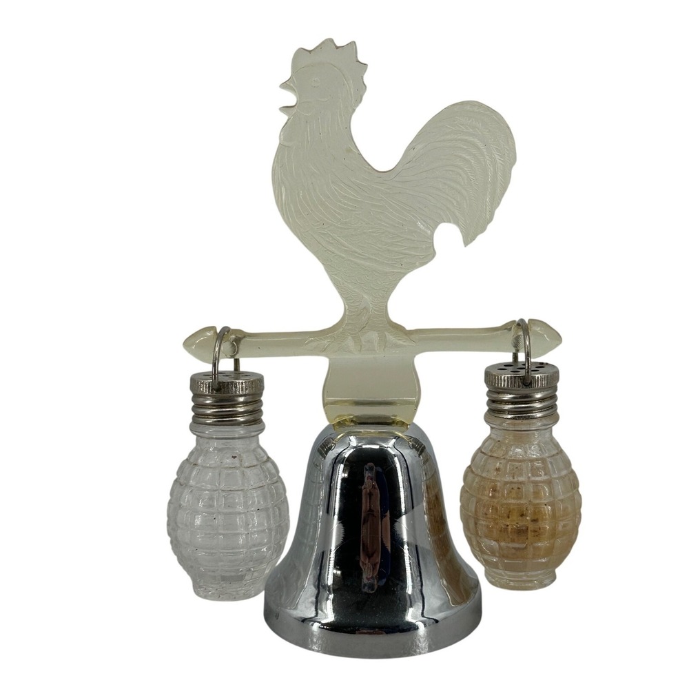Vintage Rooster Weather Vane Salt and Pepper Shakers on Chrome Bell Base Set